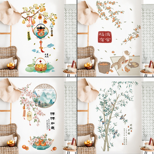 创意中式国风墙贴纸吉祥卡通，猫咪书房墙面装饰点缀防水自粘墙壁纸