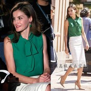 高端定制西班牙王妃同款绿色，真丝桑蚕丝衬衫白色，半身裙时尚套装夏