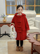 新年红色呢大衣女童夹棉牛角扣22冬季儿童连帽外套加厚上衣潮