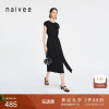 naivee纳薇24夏复古圆领腰带镂空气质连衣裙优雅赫本风小黑裙