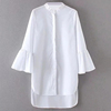 小立领白色中长款休闲喇叭袖女衬衫，前短后长薄款棉质纯色衬衣