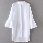 小立领白色中长款休闲喇叭袖女衬衫前短后长薄款棉质纯色衬衣
