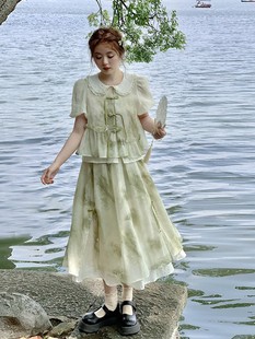 新中式盘扣套装女夏季减龄水墨丹青印花娃娃，领上衣+半身裙两件套