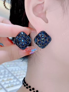 气质镶钻蓝色水晶耳钉时尚百搭几何方形设计感耳环银针防过敏耳饰