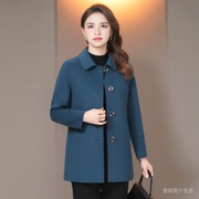 秋冬韩版双面羊绒大衣女，短款方领单排扣中老年，蓝色羊毛呢时尚外套