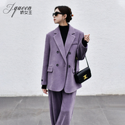 灯芯绒西装套装女春季复古休闲阔腿裤子高级感紫色西服外套两件套
