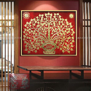 东南亚风格手绘吉祥金色菩提树装饰画，有j框画酒店，家居会所玄关挂