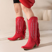 欧美时尚粗跟高跟高筒靴女流苏靴，大红玫红色，靴子绒面大码女靴wx