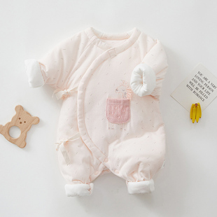 新生婴儿衣服冬款加厚系带和尚服夹棉蝴蝶衣满月宝宝冬装无骨全棉