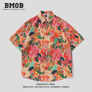 bmob夏威夷满印油画短袖花，衬衫男女夏季港风宽松度假沙滩情侣衬衣