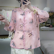 新中式国风真丝欧根纱，刺绣上衣女装2024夏季薄款透视复古外套