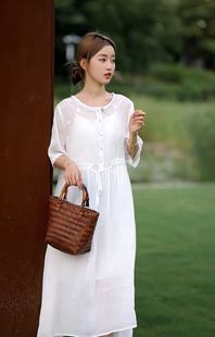 2380苎麻夏季高端纯色苎麻绣花蕾丝袖优雅气质连衣裙女夏