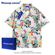 WASSUP港风油画衬衫男夏季设计感小众印花复古短袖碎花情侣装上衣