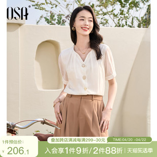 OSA欧莎职业OL短袖雪纺衬衫上衣女2024年夏季通勤气质V领衬衣