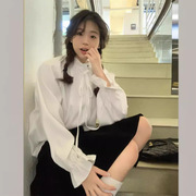 2024春季韩版立领细带半高领花边袖白色甜美白衬衫女长袖衬衣