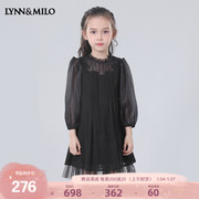 lynnmilo琳麦罗2023女童，黑色雪纺连衣裙轻奢洋气，蕾丝拼接丝缎