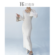 法式高端羊毛针织连衣裙女立体花朵优雅温柔白色修身一步包臀长裙