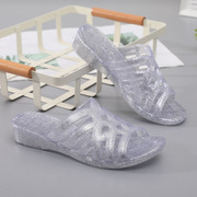 水晶果冻透明坡跟凉拖鞋，女夏硬塑料，外穿中跟一字拖鞋防滑防臭耐磨