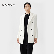 LANCY/朗姿2024春季白色中长款双排扣西装外套女职业通勤时尚
