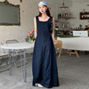 韩国chic夏季法式复古方领明线设计收腰显瘦无袖背心牛仔连衣裙女