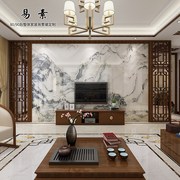 新中式山水画雕刻瓷砖背景墙 客厅电视墙微晶石边框装饰 实木