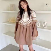 韩国东大门秋装设计感条纹，假两件毛衣女(毛，衣女)中长款宽松减龄针织衫