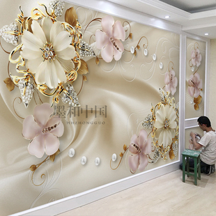 欧式花卉大气电视背景墙壁纸5d珠宝，装饰墙纸客厅影视墙墙布8d壁画