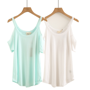 夏季韩版短袖t恤露肩，棉质宽松纯色设计感上衣女打底衫ins潮