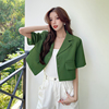 夏装御姐韩版短袖，扣子西装外套绿色，短款百搭休闲开衫外搭