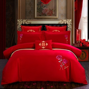 婚庆四件套大红色全棉结婚礼六件套刺绣花喜被套纯棉婚房床上用品