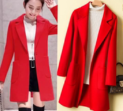 韩版新女春秋冬装大红色，长袖暗扣中长款翻领，西装毛呢大衣风衣外套