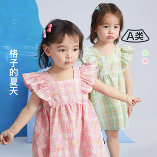 童贝童装2024年夏季儿童裙子韩版甜美女童格子连衣裙镂空无袖