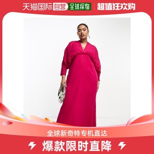 香港直邮潮奢asos女士curve设计雪纺蝙蝠袖桃红，长款连衣裙(独)
