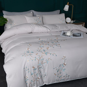外贸刺绣四件套纯棉全棉绣花床单被套斜纹，新中式简约双人床上用品