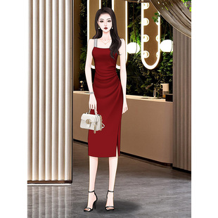 高端设计轻奢红色吊带连衣裙女夏季2024气质复古宴会礼服长裙