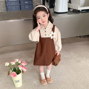 女童春装裙子2024韩版洋气女宝宝背带公主裙儿童假两件连衣裙