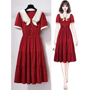 红色娃娃领连衣裙夏季减龄2023女收腰显瘦法式小个子气质裙子