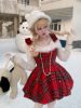森女系原创想去海边 糖雪球 冬日毛绒红绿圣诞格子吊带裙