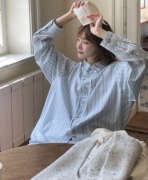 jmwomen海盐蓝色条纹衬衫，女设计感小众衬衣，韩系chic别致秋装上衣