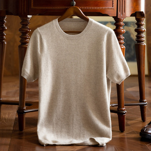 男士短袖t恤100纯山羊绒衫，秋冬季圆领针织打底羊毛，半袖毛衣体恤衫