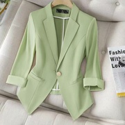 绿色薄款小西装外套女2022夏季气质中袖白色修身收腰女士西服