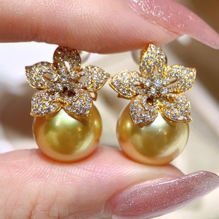 南洋金色珍珠耳环正圆无瑕大颗粒耳饰s925银，耳钉气质奢华女款