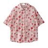 自制夏季法式浪漫玫瑰花朵印花衬衫女度假风宽松短袖衬衣上衣