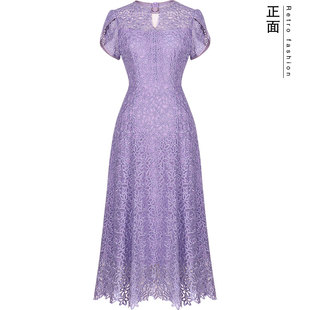云水一线金丝线重工蕾丝紫色典雅旗袍连衣裙中长款收腰A字裙
