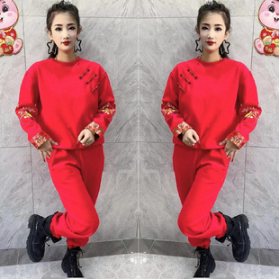 2024新中式国风红色刺绣加绒卫衣套装女秋冬季时尚休闲运动两件套