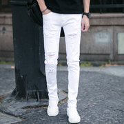 白色牛仔裤男夏季薄款弹力修身小脚，裤男士韩版潮流纯白破洞长裤子