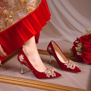 红色结婚鞋新娘鞋刺绣中式秀禾婚纱两穿孕妇订婚敬酒服高跟鞋