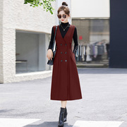 红色套装连衣裙女2023春秋设计感气质打底衫毛呢马甲裙两件套
