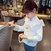 女童中国风白色衬衫春装2024女孩新中式刺绣立领衬衣短款上衣