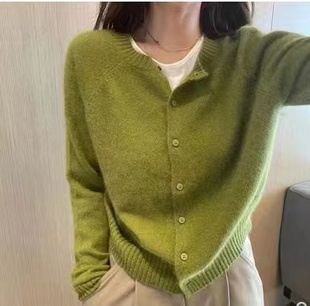 羊绒开衫女100%纯山羊绒圆领，针织毛衣外套气质牛油果绿色羊毛衫